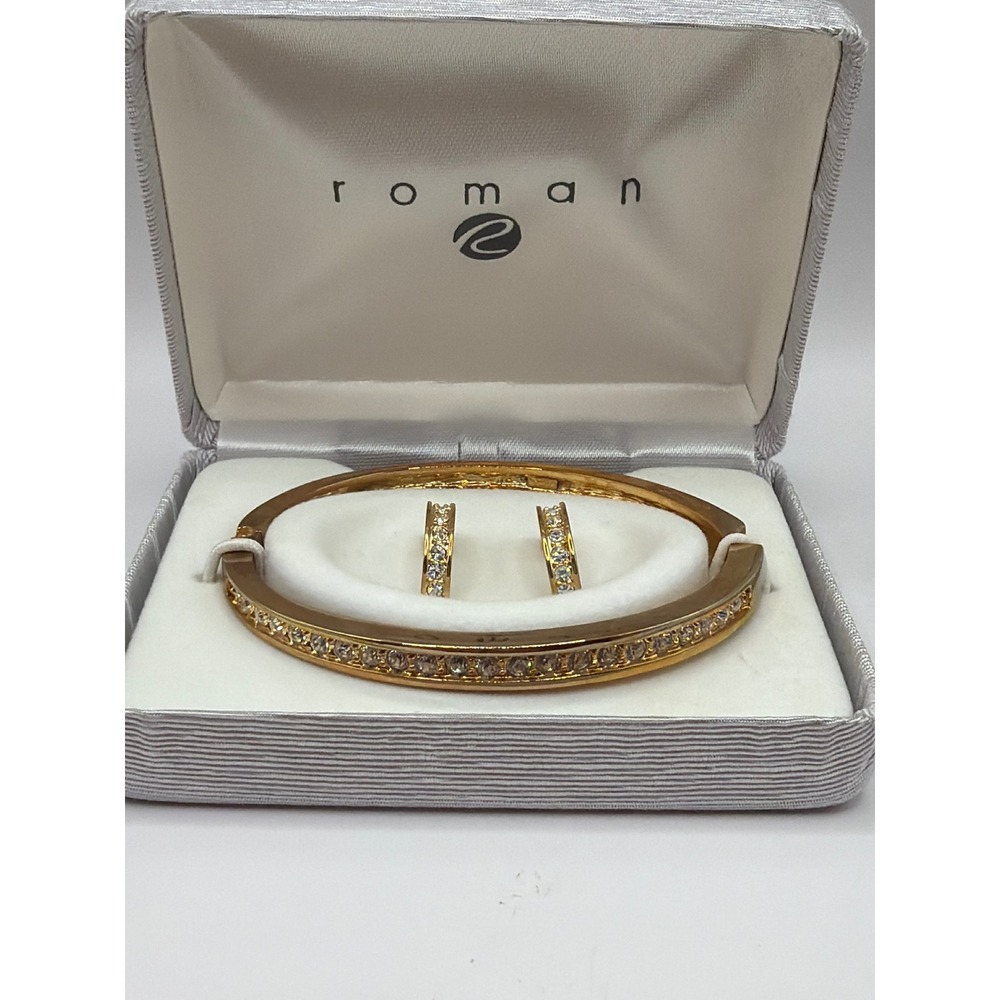 NIB VTG Roman Jewelry Set Goldtone Bangle Bracelet‎ Hoop Earrings Rhinestone